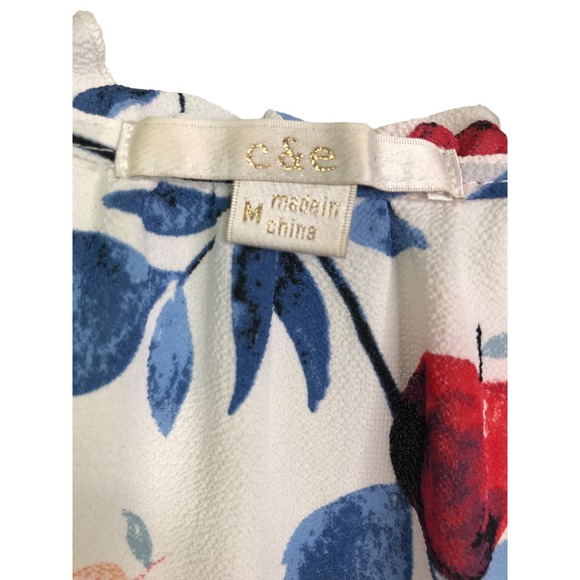 C & E Women's Blouse Sleeveless Top Blue Floral Ruffled Collar V-Neck Stretch M - Picture 2 of 7
